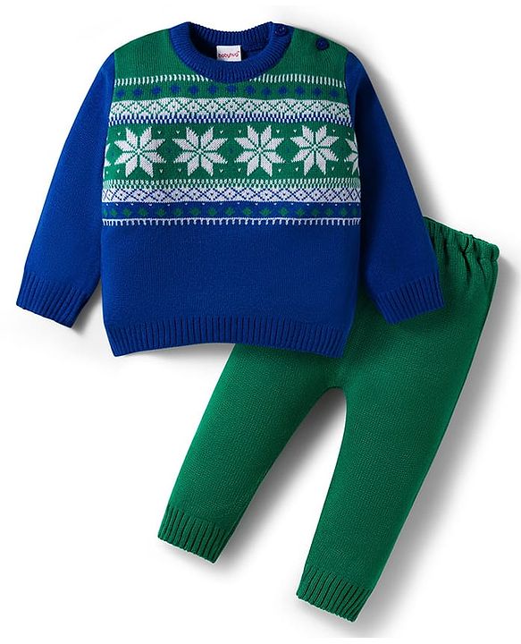 Babyhug Knitted Full Sleeves Sweater Set With Floral Design - Blue & Green