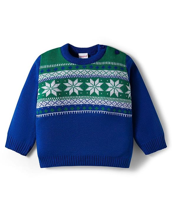 Babyhug Knitted Full Sleeves Sweater Set With Floral Design - Blue & Green