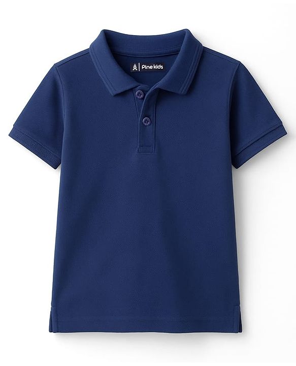 Pine Kids Cotton Knit Half Sleeves Solid Color Polo T-Shirt - Navy Blue
