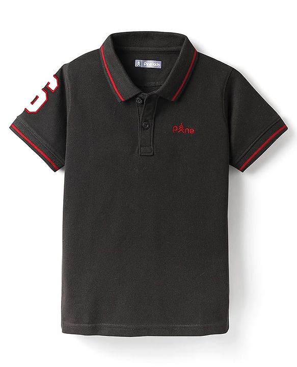 Pine Kids Cotton Knit Half Sleeves Polo T-Shirt with Number Patch - Black