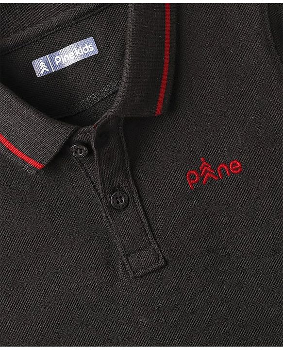 Pine Kids Cotton Knit Half Sleeves Polo T-Shirt with Number Patch - Black