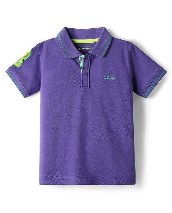 Pine Kids Cotton Knit Half Sleeves Polo T-Shirt with Number Patch - Black