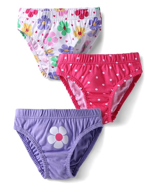 Babyhug 100% Cotton Single Jersey Knit Panties With Floral Print & Polka Dots Pack Of 3 - Pink White & Purple