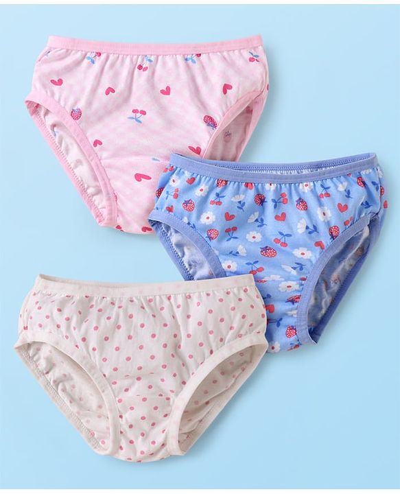 Babyhug 100% Cotton Single Jersey Knit Panties With Polka Dots & Floral Print Pack Of 3 - Pink Blue & Cream