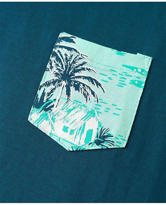 Pine Kids Single Jersey Knit Half Sleeves Night Suit With Tropical Theme Print - Teal Blue