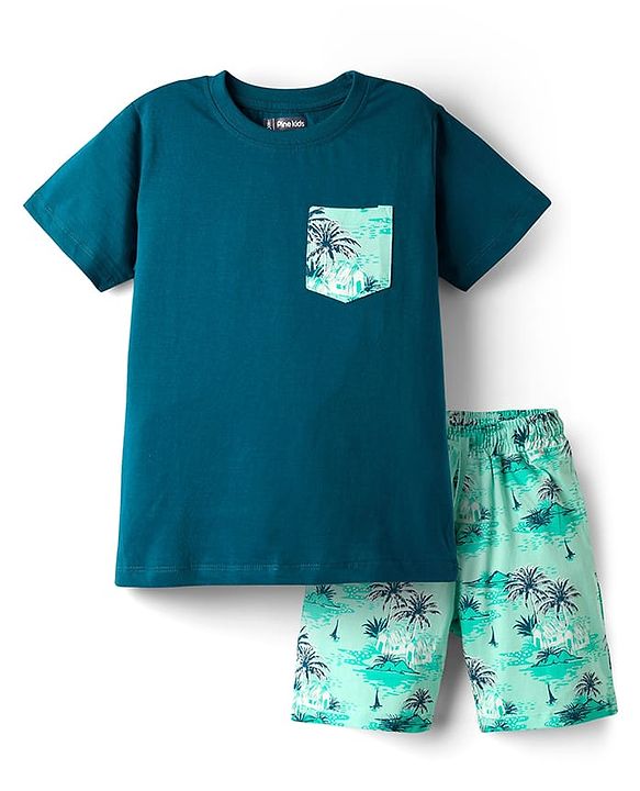 Pine Kids Single Jersey Knit Half Sleeves Night Suit With Tropical Theme Print - Teal Blue