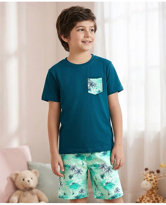 Pine Kids Single Jersey Knit Half Sleeves Night Suit With Tropical Theme Print - Teal Blue