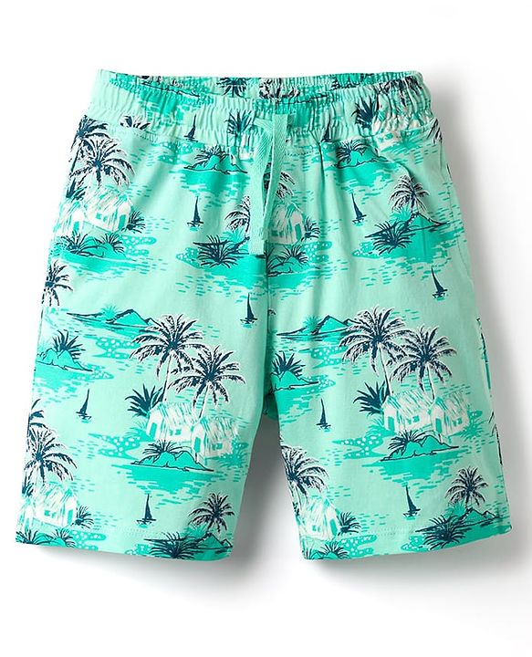Pine Kids Single Jersey Knit Half Sleeves Night Suit With Tropical Theme Print - Teal Blue