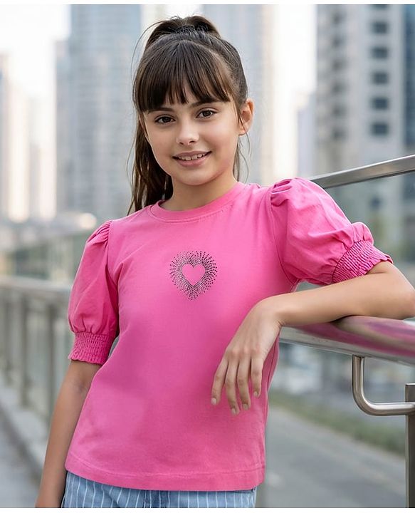 Pine Kids Cotton Knit Half Sleeves Top with Heart Design - Fuchsia