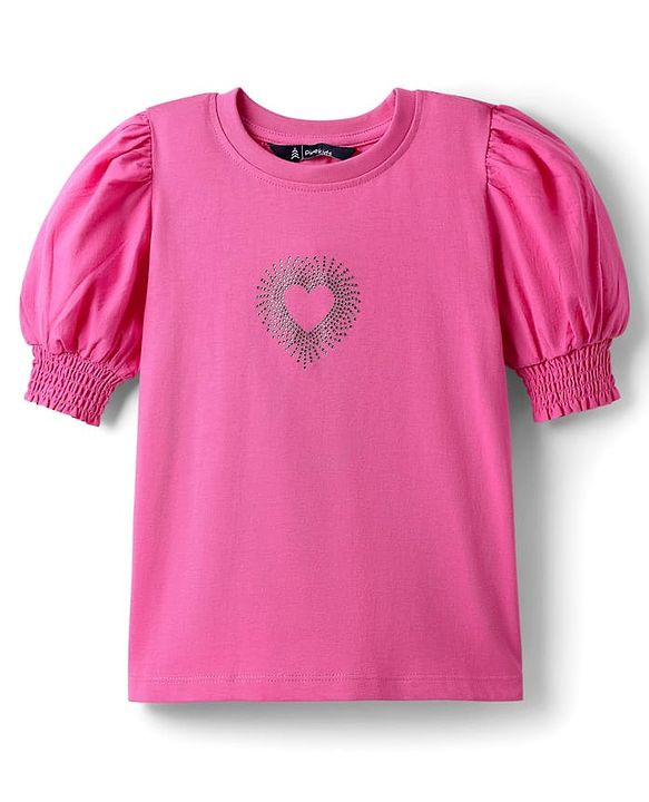 Pine Kids Cotton Knit Half Sleeves Top with Heart Design - Fuchsia