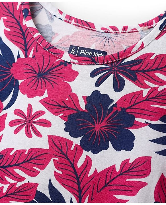 Pine Kids Cotton Knit Half Sleeves Top with Floral Print - Dark Pink
