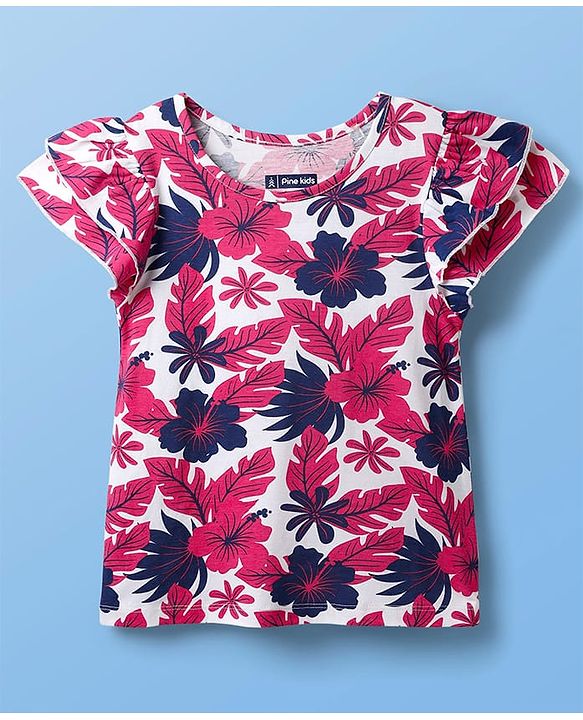 Pine Kids Cotton Knit Half Sleeves Top with Floral Print - Dark Pink