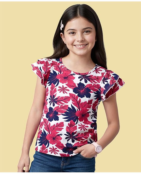 Pine Kids Cotton Knit Half Sleeves Top with Floral Print - Dark Pink