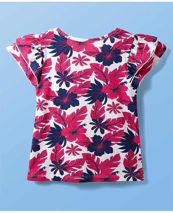 Pine Kids Cotton Knit Half Sleeves Top with Floral Print - Dark Pink