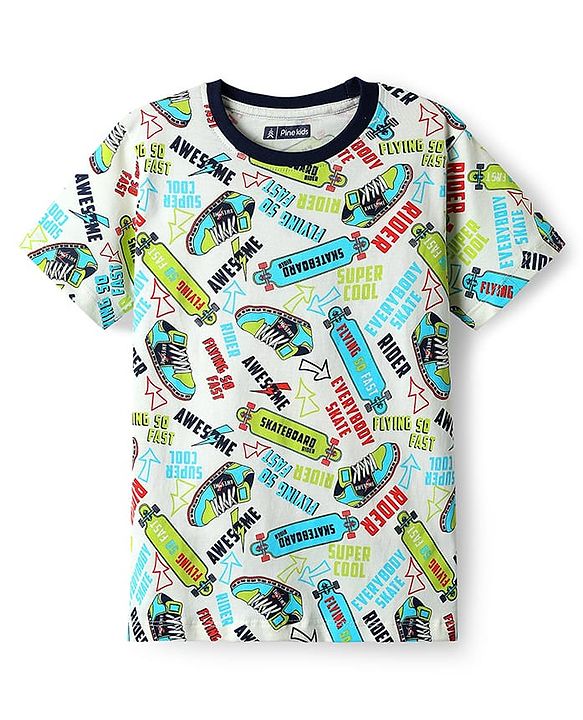 Pine Kids Single Jersey Knit Half Sleeves Shorts Co-Ord Night Suit With Skating Print - Off White