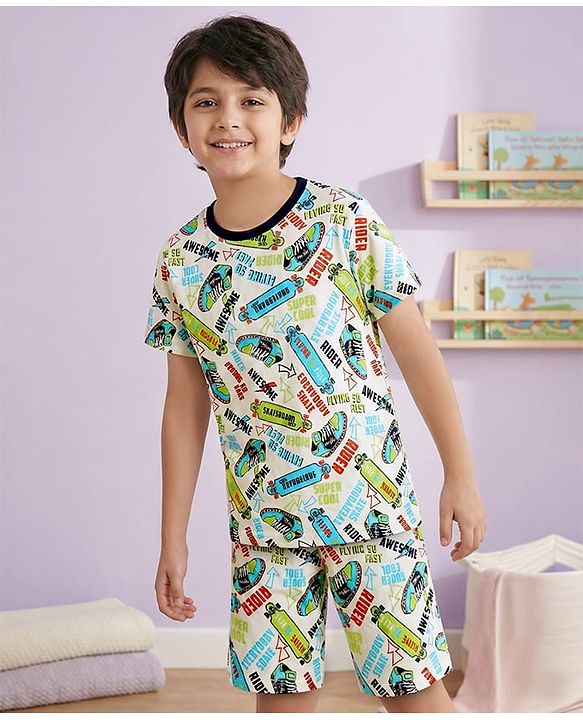 Pine Kids Single Jersey Knit Half Sleeves Shorts Co-Ord Night Suit With Skating Print - Off White