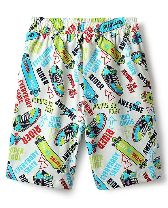 Pine Kids Single Jersey Knit Half Sleeves Shorts Co-Ord Night Suit With Skating Print - Off White