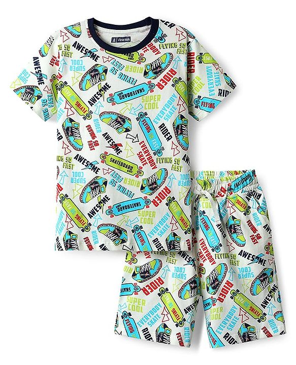 Pine Kids Single Jersey Knit Half Sleeves Shorts Co-Ord Night Suit With Skating Print - Off White