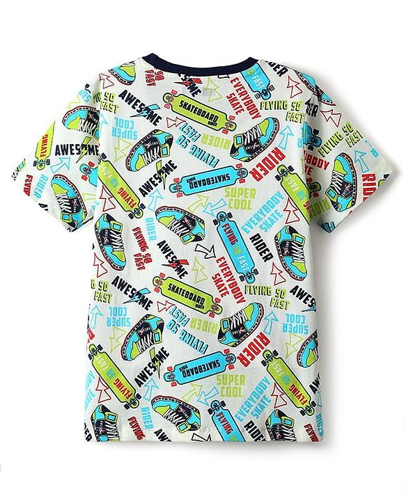 Pine Kids Single Jersey Knit Half Sleeves Shorts Co-Ord Night Suit With Skating Print - Off White