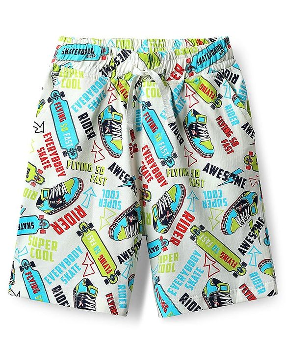 Pine Kids Single Jersey Knit Half Sleeves Shorts Co-Ord Night Suit With Skating Print - Off White