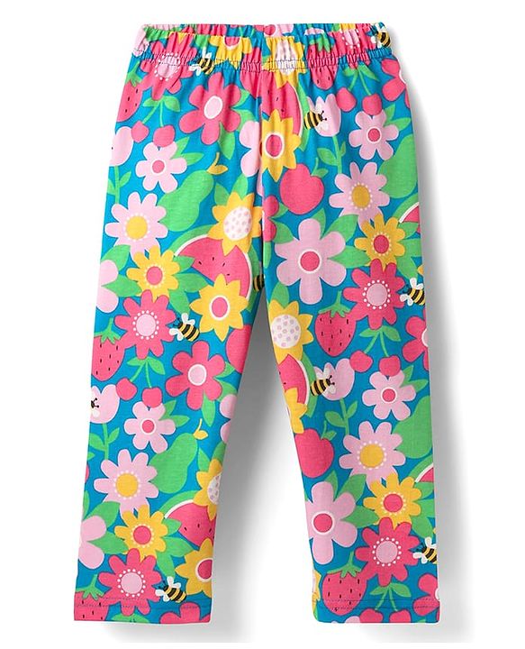 Babyhug Cotton Knit Half Sleeves Co-ords Front Open Night Suit With Floral Print - Multicolour