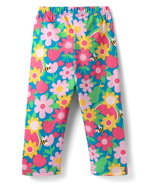 Babyhug Cotton Knit Half Sleeves Co-ords Front Open Night Suit With Floral Print - Multicolour