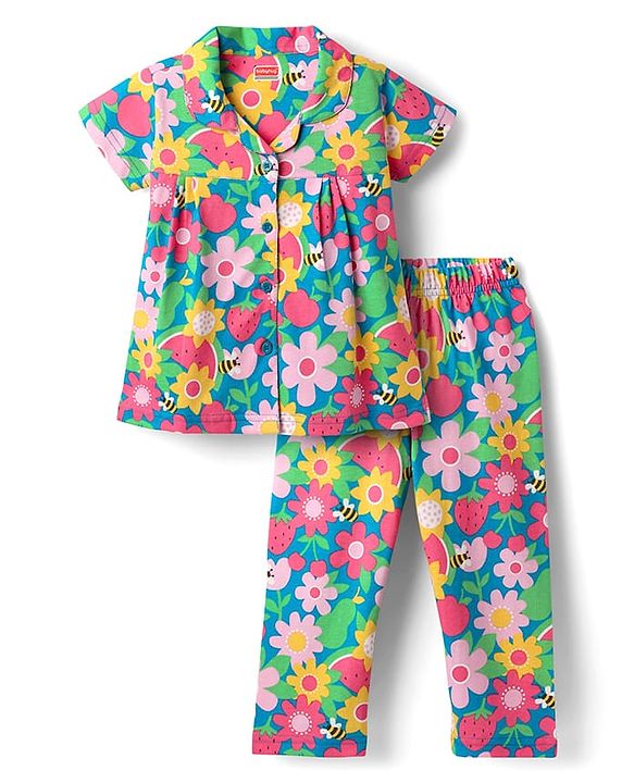 Babyhug Cotton Knit Half Sleeves Co-ords Front Open Night Suit With Floral Print - Multicolour