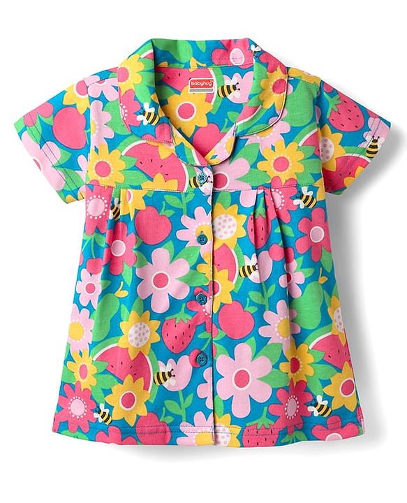 Babyhug Cotton Knit Half Sleeves Co-ords Front Open Night Suit With Floral Print - Multicolour