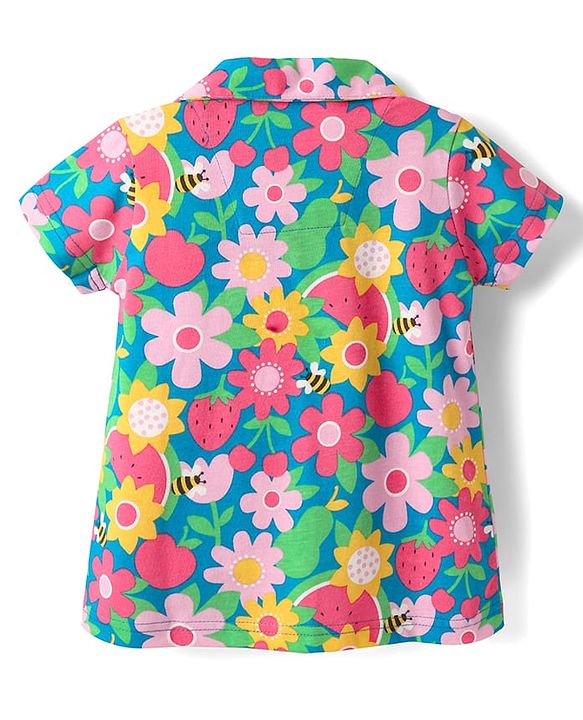 Babyhug Cotton Knit Half Sleeves Co-ords Front Open Night Suit With Floral Print - Multicolour