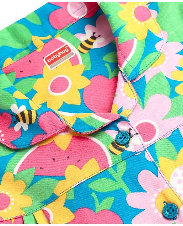 Babyhug Cotton Knit Half Sleeves Co-ords Front Open Night Suit With Floral Print - Multicolour