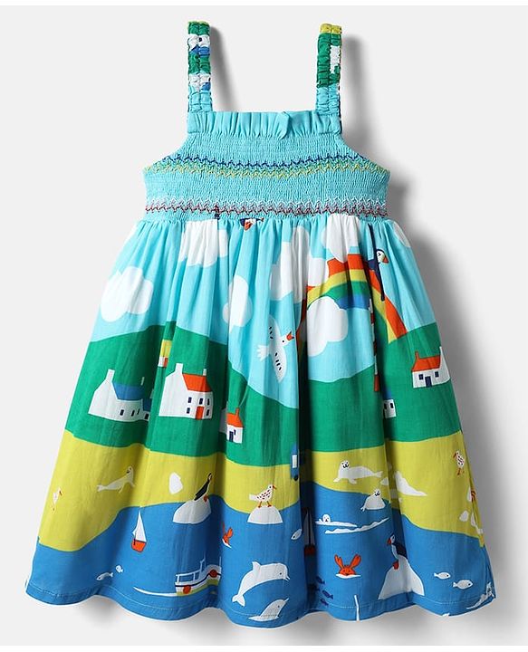 Babyhug Cotton Woven Sleeveless Frock With Bird Print - Multicolor