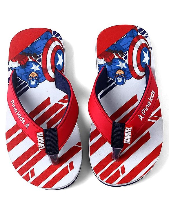 Pine Kids Marvel Slip On Flip Flops With Captain America Print - Red & White