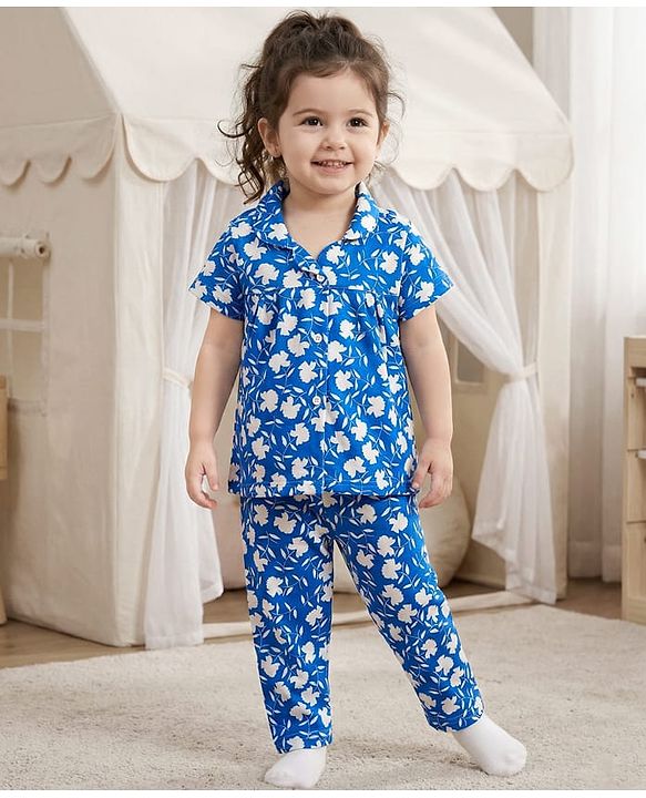 Babyhug Cotton Knit Half Sleeves Co-ords Night Suit With Floral Print - Blue