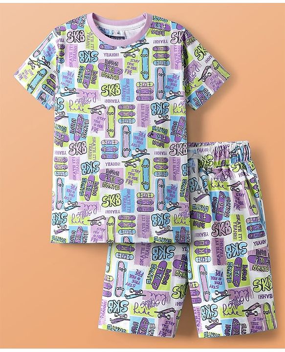 Pine Kids Single Jersey Knit Half Sleeves Co-ords Shorts Night Suit with Skating Print - White
