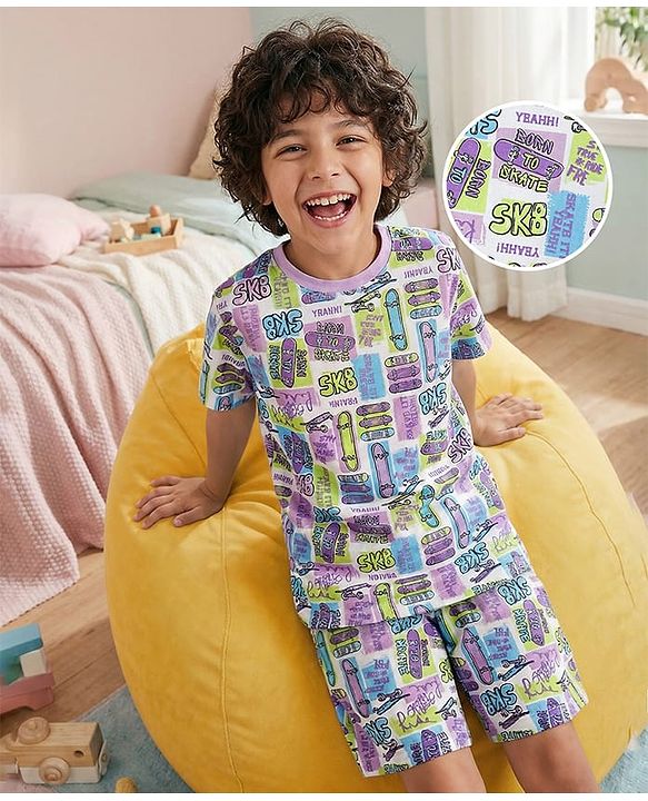 Pine Kids Single Jersey Knit Half Sleeves Co-ords Shorts Night Suit with Skating Print - White