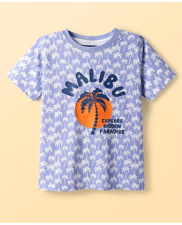 Pine Kids Single Jersey Knit Half Sleeves Short Night Suit With Tropical Theme Print - Blue