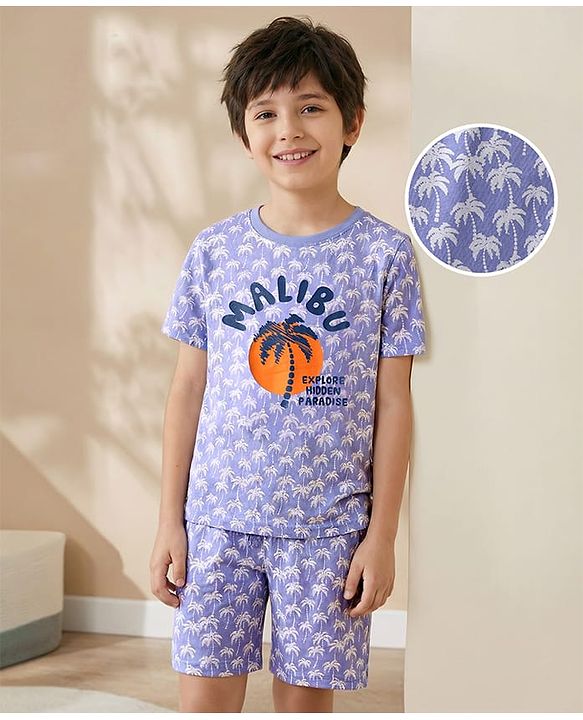 Pine Kids Single Jersey Knit Half Sleeves Short Night Suit With Tropical Theme Print - Blue