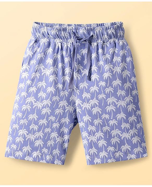 Pine Kids Single Jersey Knit Half Sleeves Short Night Suit With Tropical Theme Print - Blue