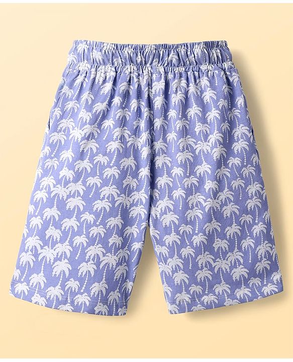 Pine Kids Single Jersey Knit Half Sleeves Short Night Suit With Tropical Theme Print - Blue