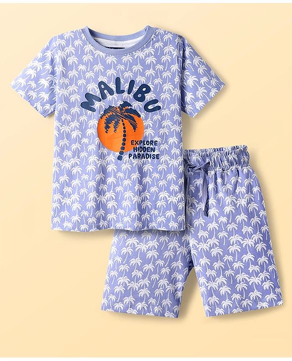Pine Kids Single Jersey Knit Half Sleeves Short Night Suit With Tropical Theme Print - Blue