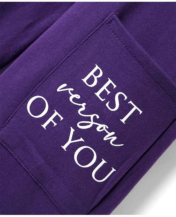 Pine Kids 100% Cotton Full Length Track Pant With Front Pockets & Text Print - Violet