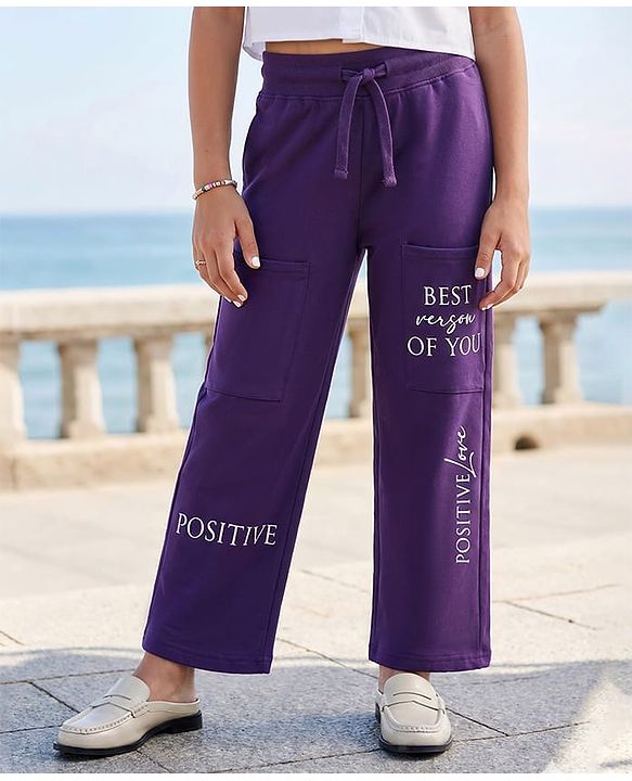 Pine Kids 100% Cotton Full Length Track Pant With Front Pockets & Text Print - Violet
