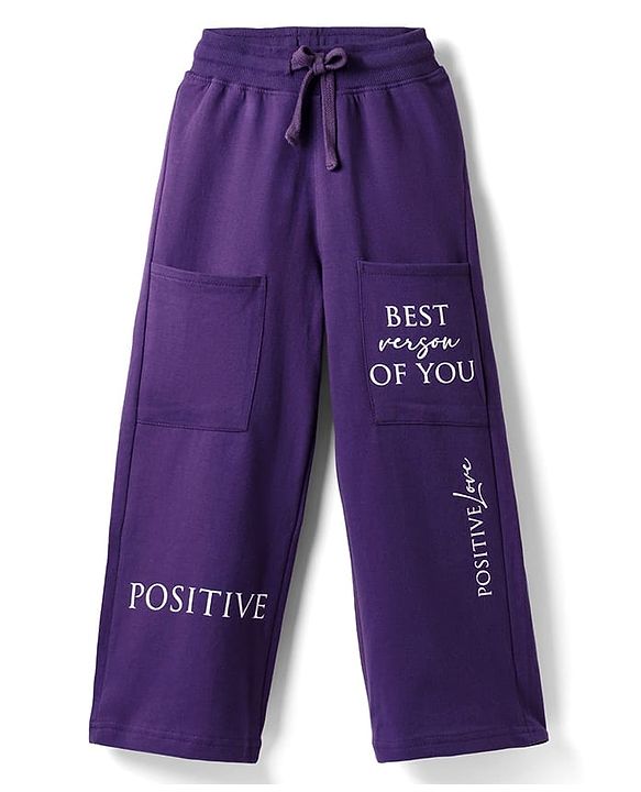 Pine Kids 100% Cotton Full Length Track Pant With Front Pockets & Text Print - Violet