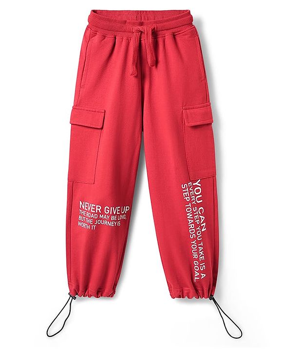 Pine Kids Cotton Knit Full Length Lounge Pant with Typography Print - Red
