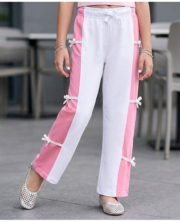 Pine Kids Cotton Knit Full Length Lounge Pant With Cut & Sew Design & Bow Applique - White & Pink