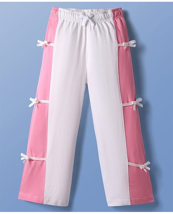 Pine Kids Cotton Knit Full Length Lounge Pant With Cut & Sew Design & Bow Applique - White & Pink