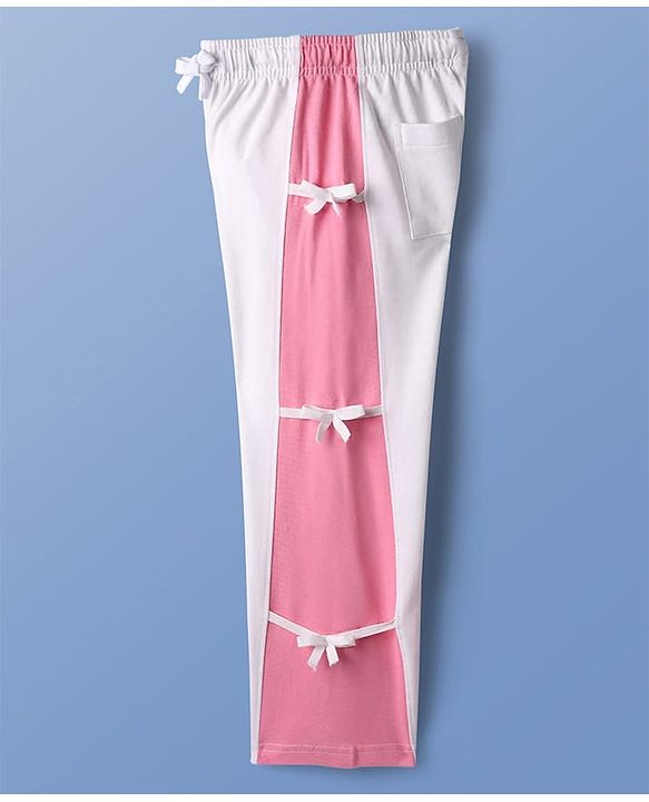 Pine Kids Cotton Knit Full Length Lounge Pant With Cut & Sew Design & Bow Applique - White & Pink