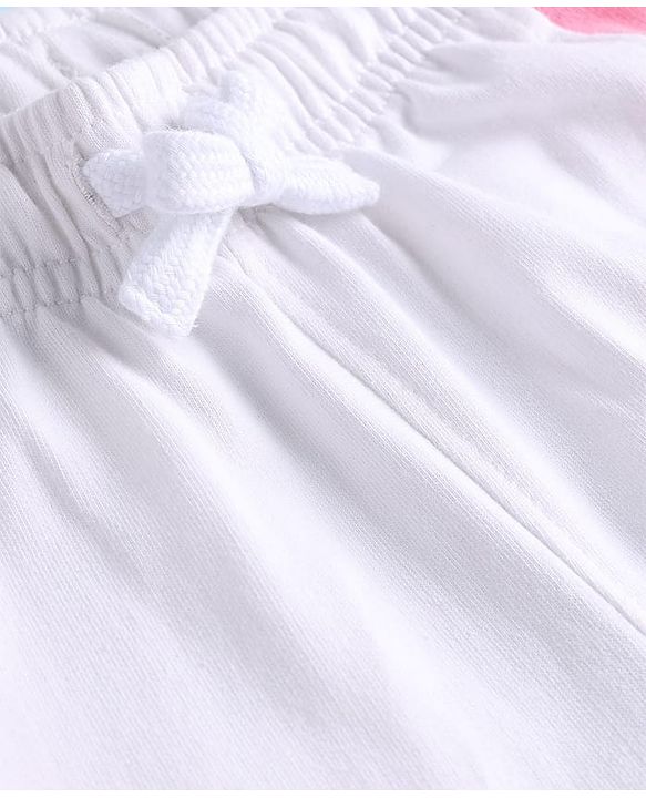 Pine Kids Cotton Knit Full Length Lounge Pant With Cut & Sew Design & Bow Applique - White & Pink