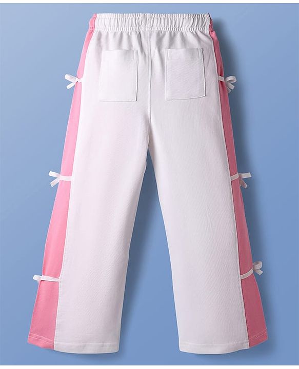 Pine Kids Cotton Knit Full Length Lounge Pant With Cut & Sew Design & Bow Applique - White & Pink
