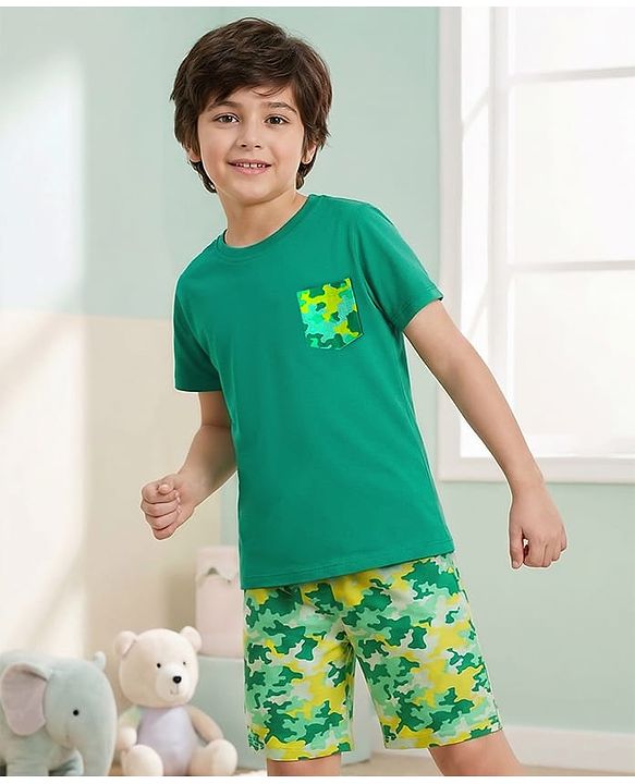 Pine Kids Single Jersey Knit Half Sleeves Shorts Night Suit With Abstract Print - Green